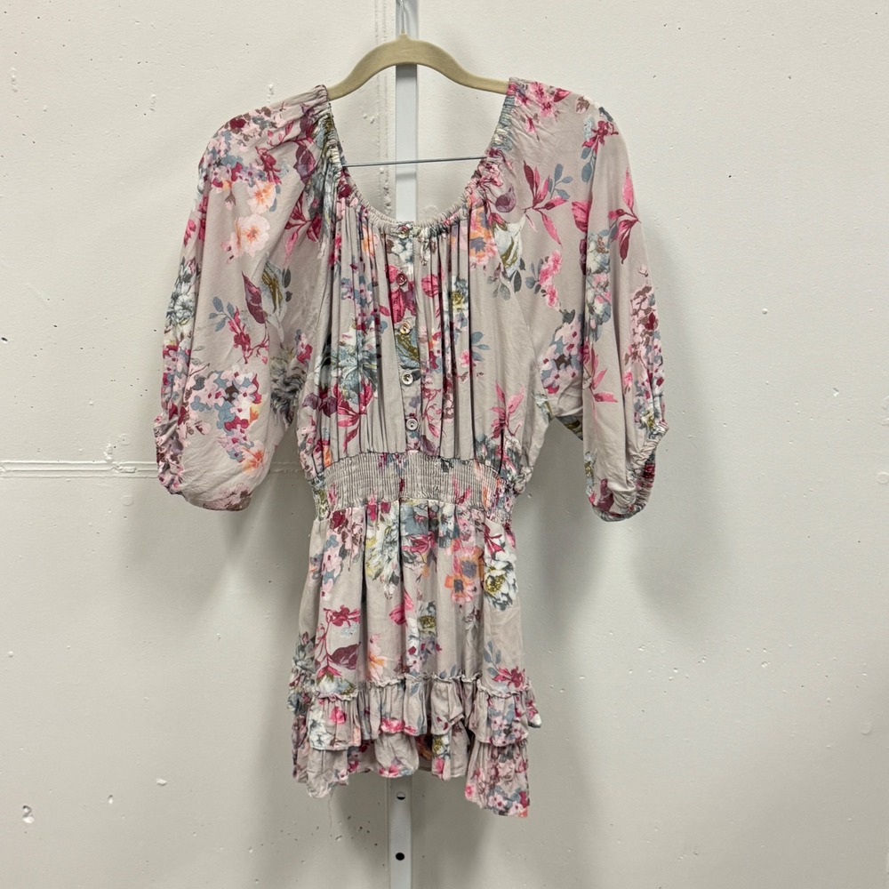 Here Comes the Sun Floral Romper Small Pink Smocked Waist Ruffle Hem Small Boho